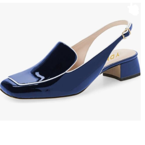 YDN Navy Square Toe Block Low Heels Slingback Formal Loafer Dressy Pump - Picture 1 of 8